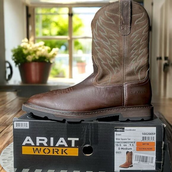 Ariat Men's Groundbreaker Wide Square Toe Regular Work Boots Brown Size 10.5 D - Picture 1 of 16